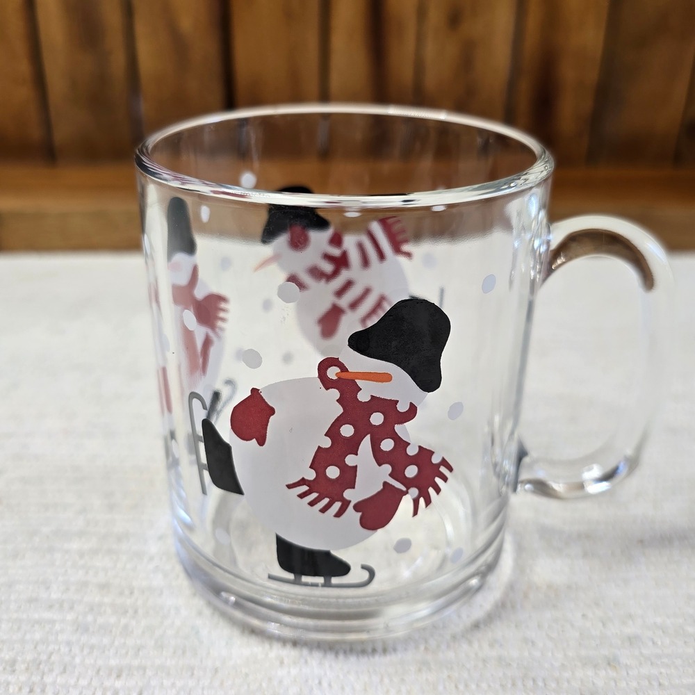 Luminarc Clear Glass Ice Skating Snowman Coffee Mug Winter Holiday Red White